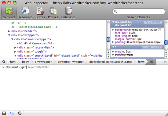 Screenshot of the WebKit's JavaScript code completion
