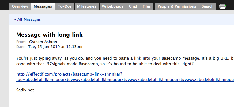 Basecamp's layout is affected by a link with long, unwrappable, link text