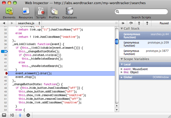 Screenshot of the WebKit JavaScript debugger